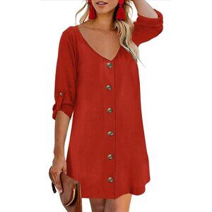 👗 2/$30 👗 Red Button-Down V-Neck Dress with 3/4 Length Sleeves New sz M